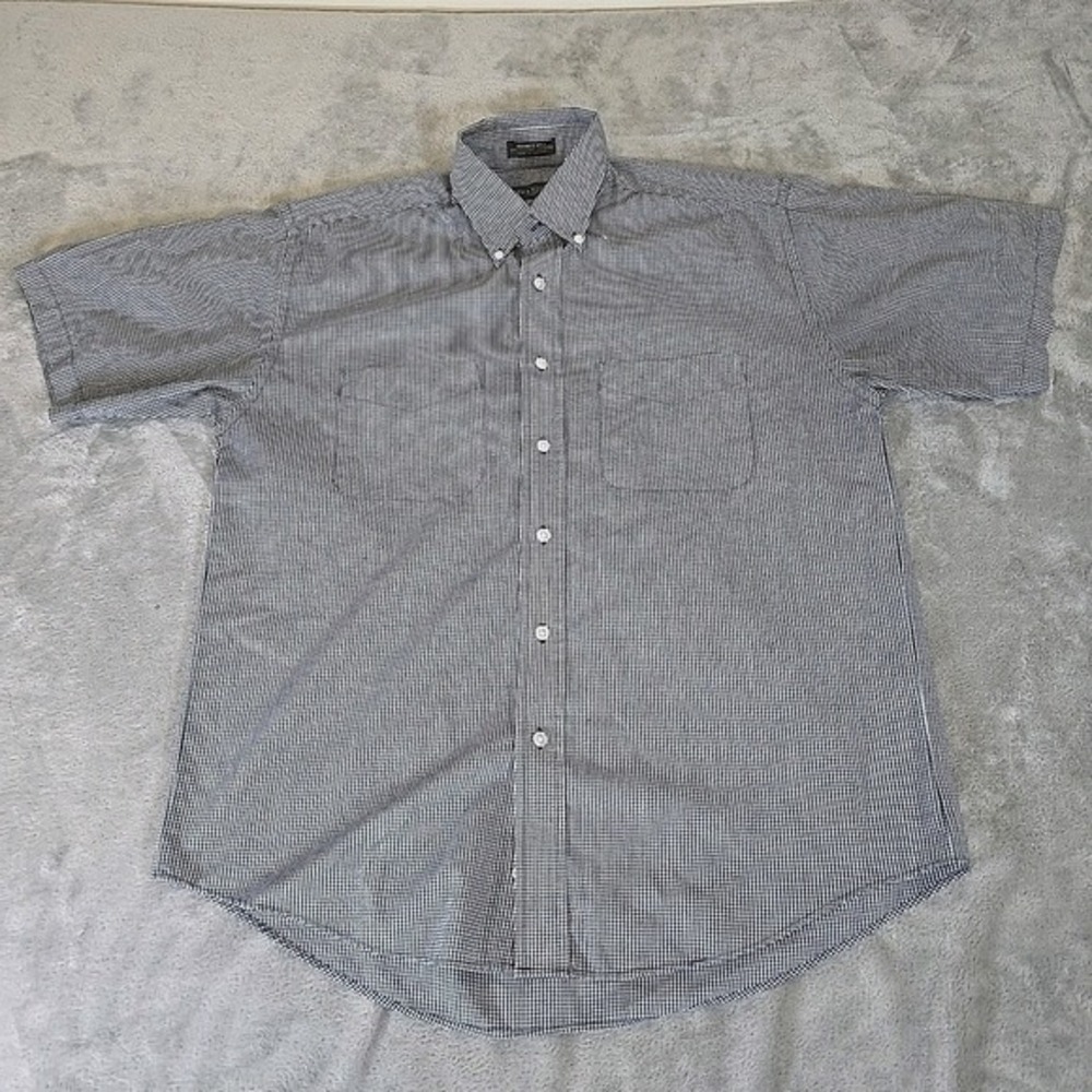 Van Heusen Shirt Mens Medium Black Gingham Plaid Short Sleeve Button‎ Up Casual